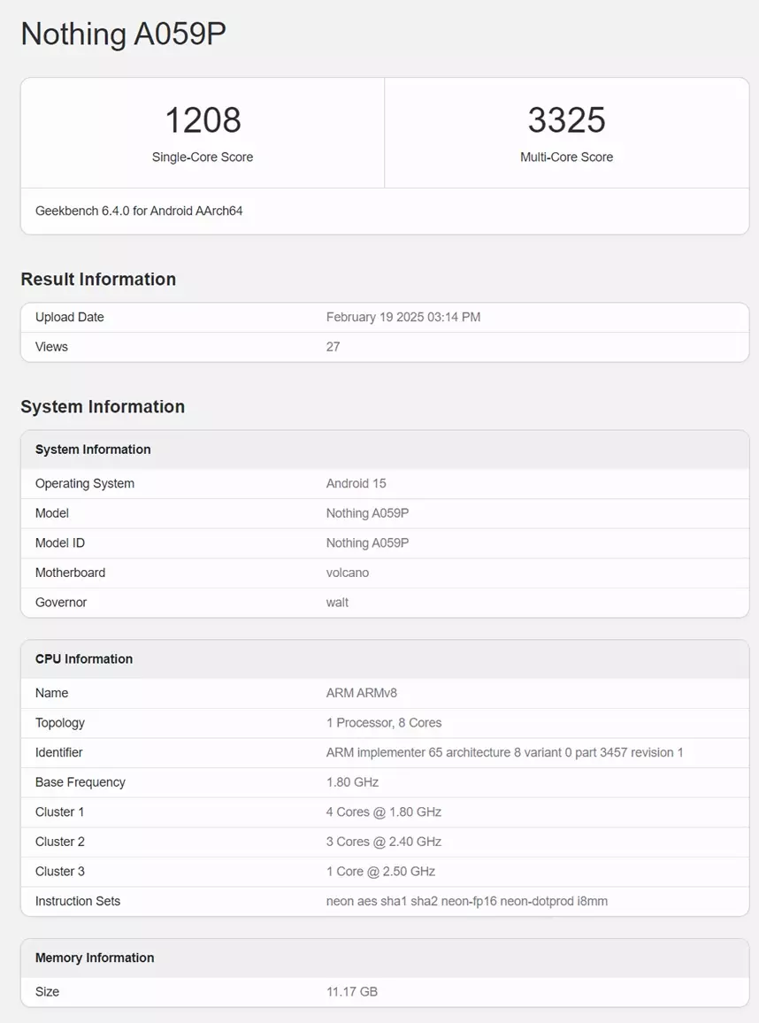 Nothing Phone 3a Pro Geekbench score.