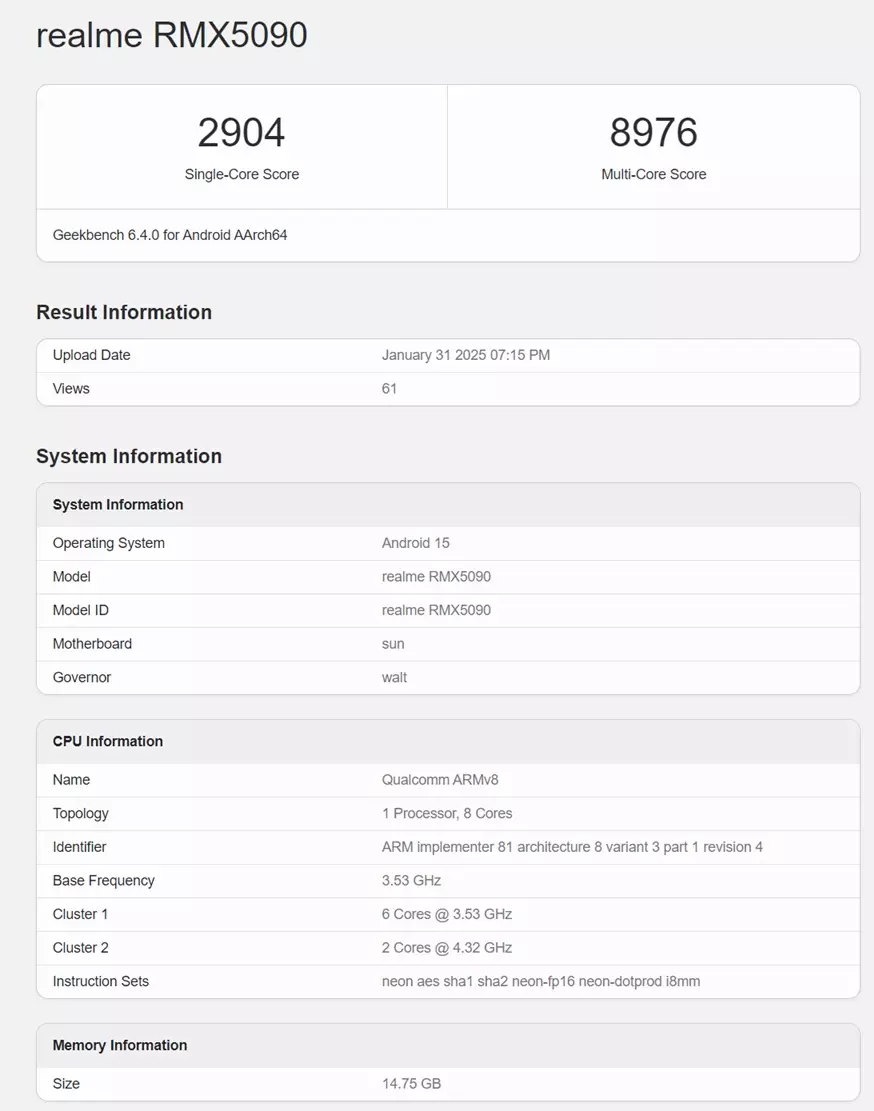 Realme GT 7 Pro Racing Edition Geekbench Score leak.