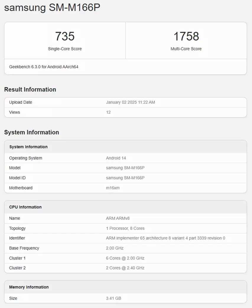 Samsung Galaxy M16 5G SM M166P Geekbench Score.